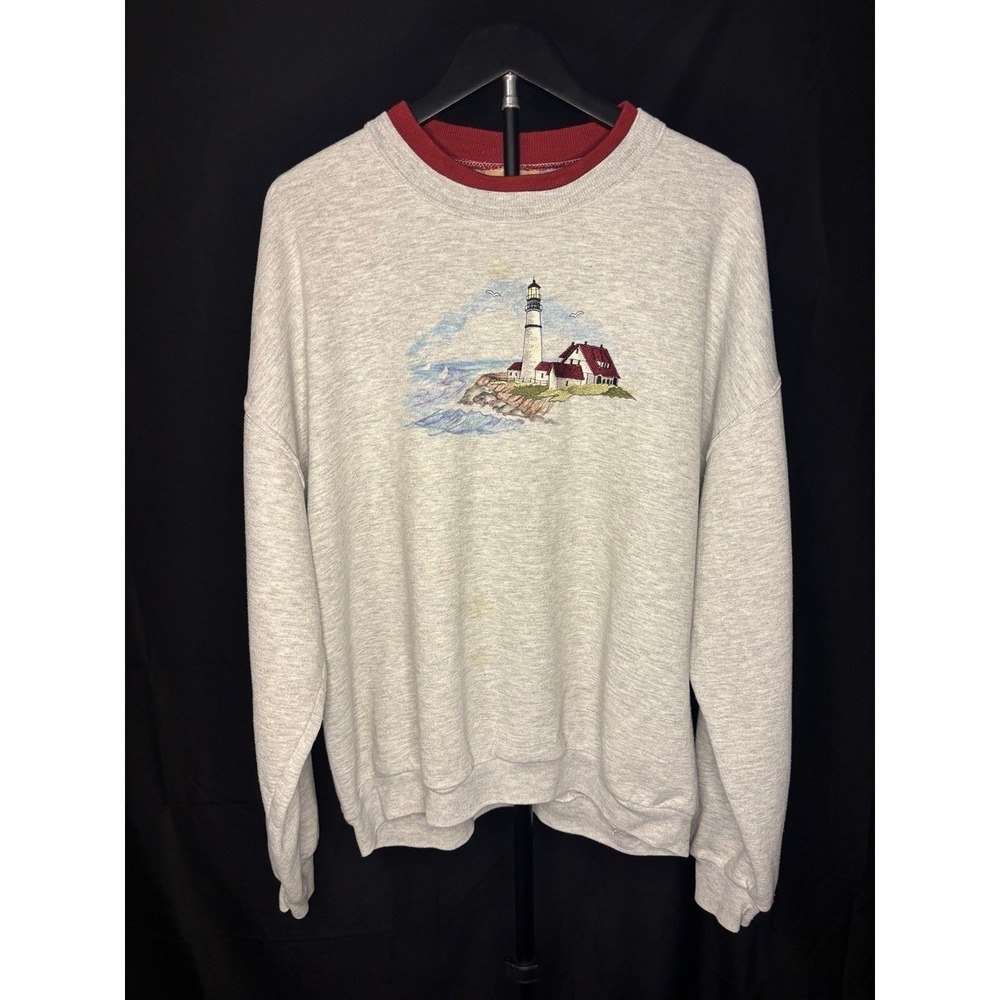 VGT Top Stitch Lighthouse Sweatshirt Womens XL Gray Coastal Nautical Pullover